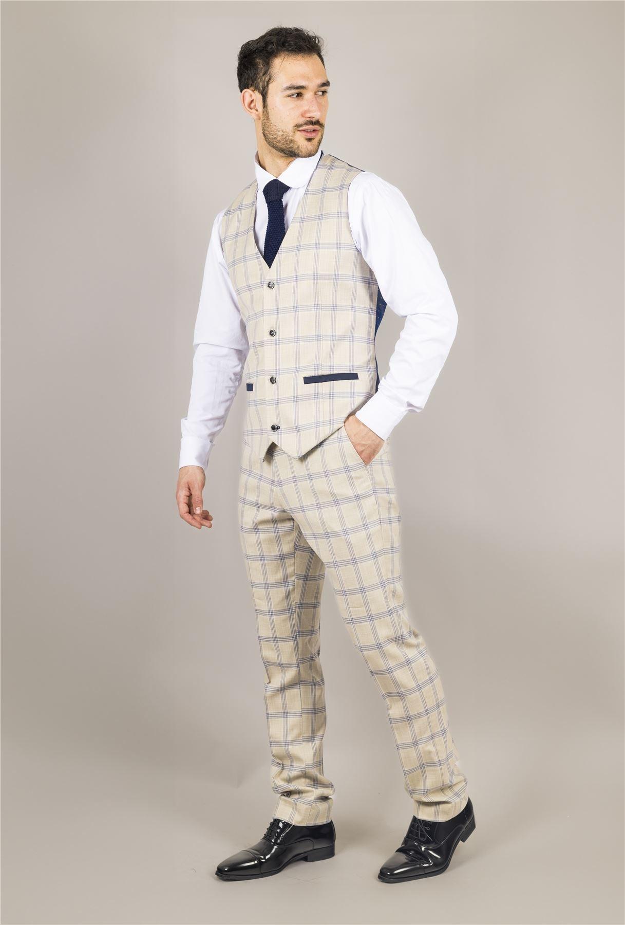 Men's Waistcoat Beige Checked Tailored Fit Vest - Knighthood Store