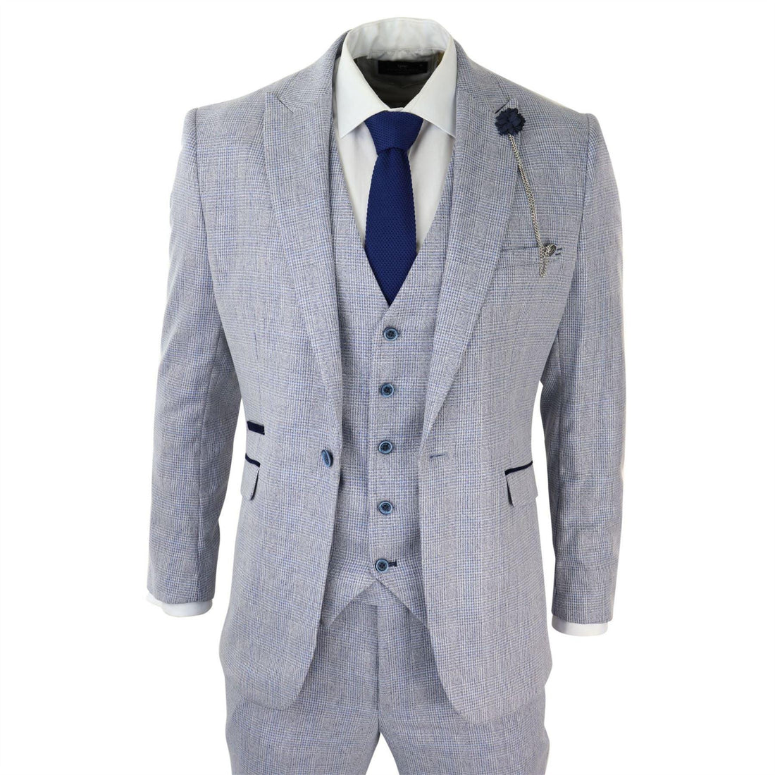 Mens 3 Piece Check Suit Tweed Light Blue Tailored Fit Wedding Peaky Classic - Knighthood Store