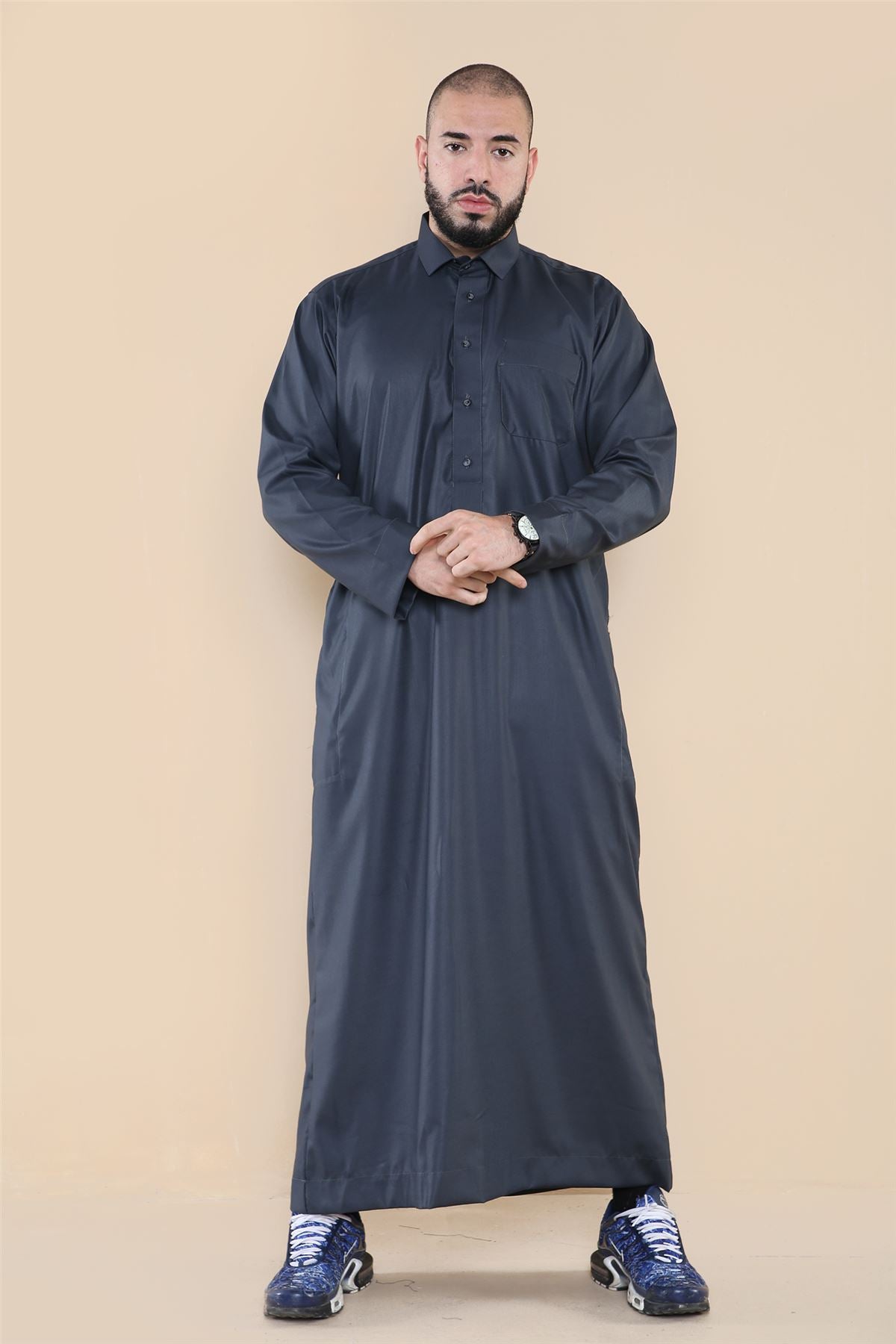 Mens Thobe Jubba Turn Down Collar Islamic Muslim Cotton Kaftan Dress Robe Arabic