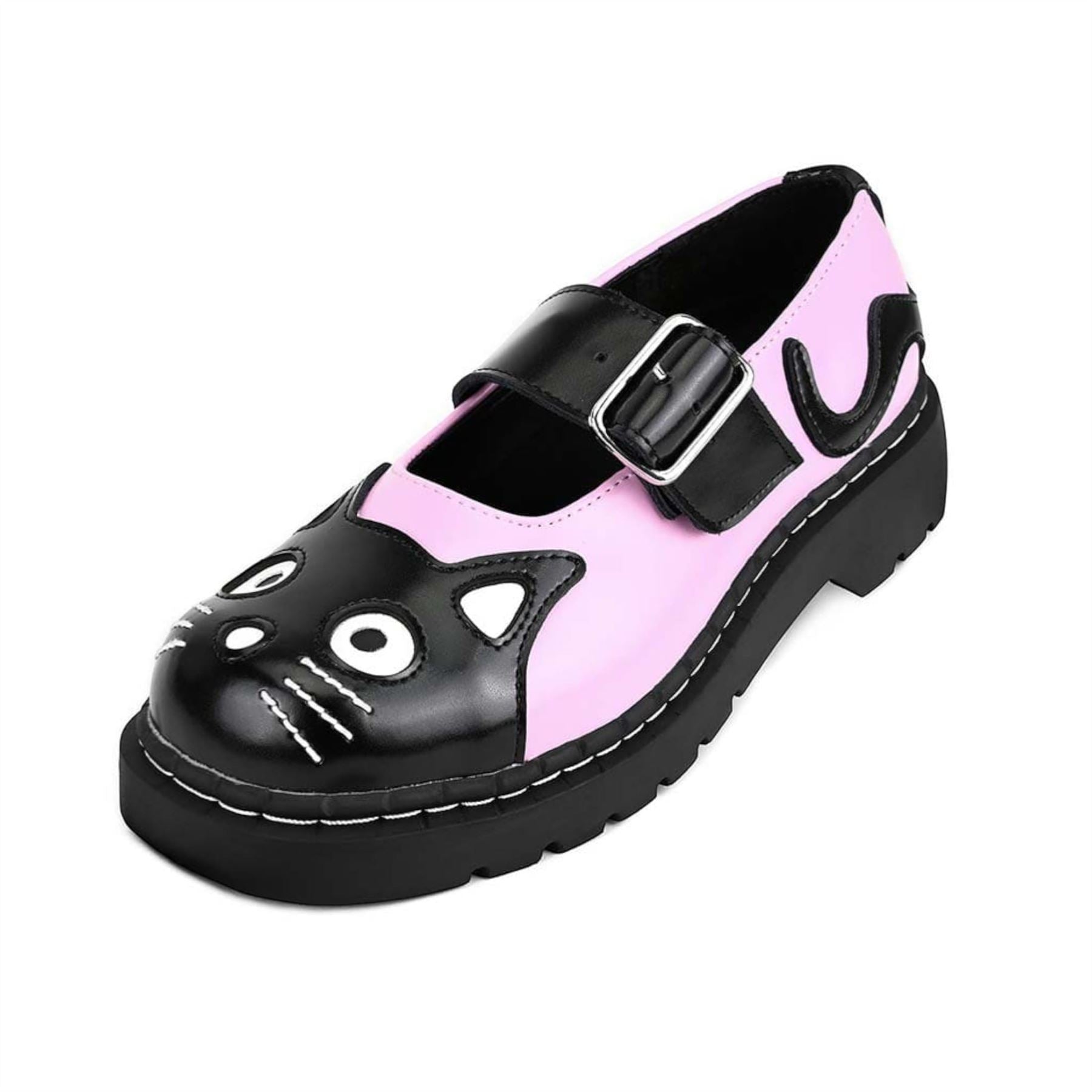 Women's Mary Jane Kitty Pink Black Leather Platform Shoes