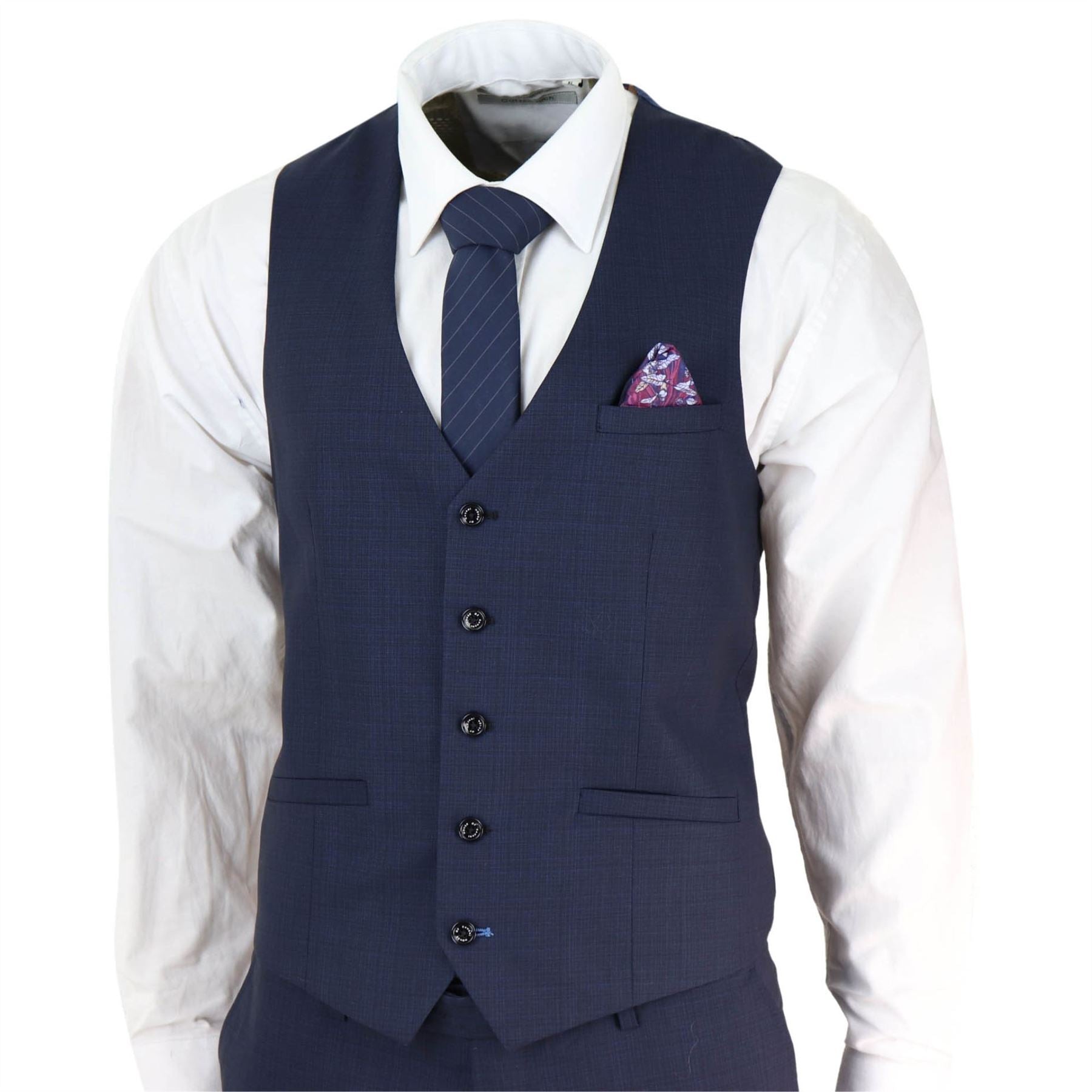 Mens 3 Piece Suit Navy Tailored Fit Classic Retro Vintage Wedding Prom Office