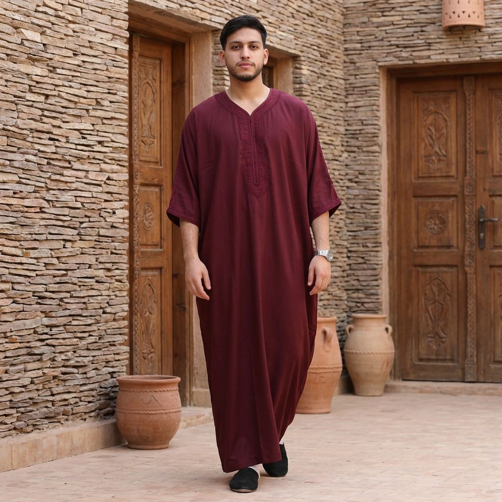 Men's Half Sleeve Embroidery Moroccan Thobe