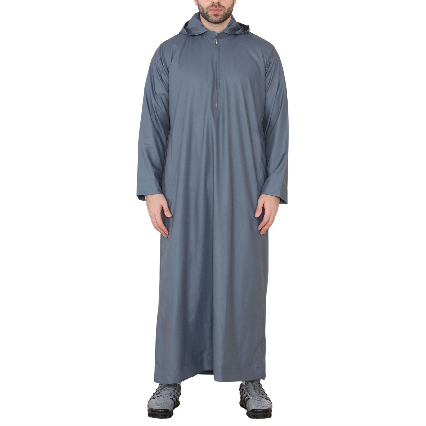 Mens Hooded Thobe Hood Jubba Nehru Stand Collar Islamic Clothing Muslim Kaftan Robe Saudi Slim Regular Fit