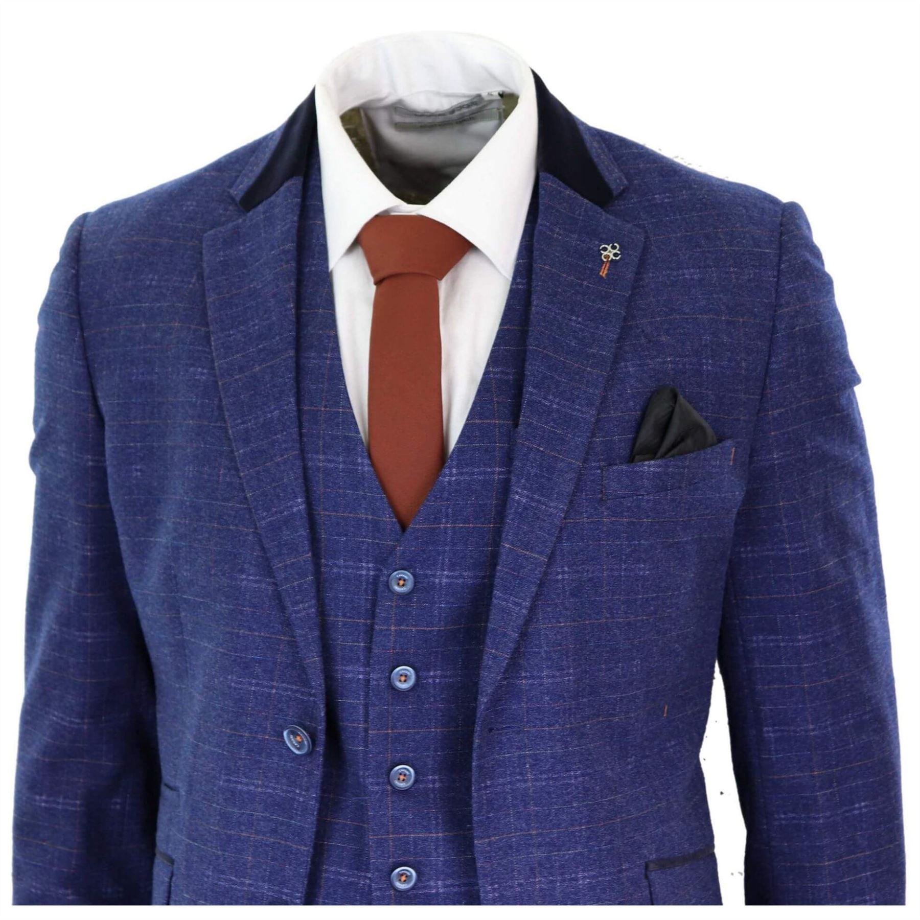 Mens Blue Tweed Check 3 Piece Suit Vintage Retro Classic Tailored Fit 1920's