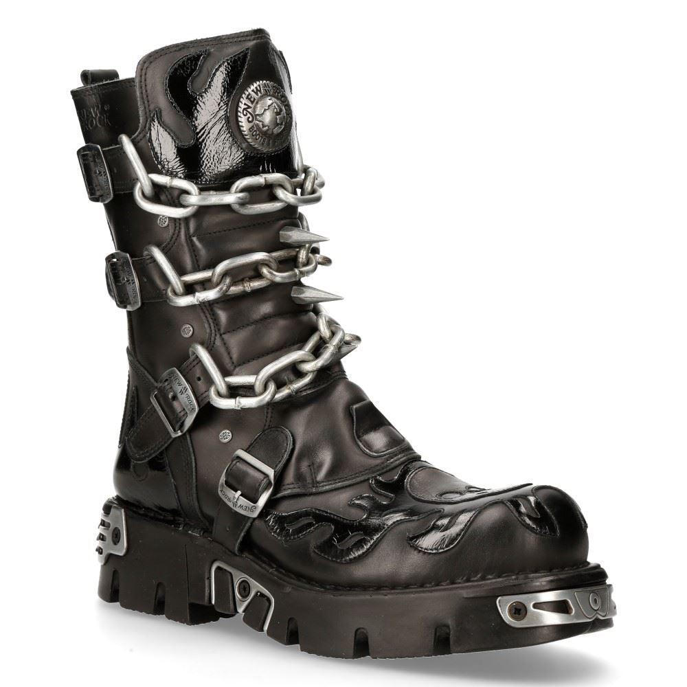 New Rock Mens Black Leather Skull Flame Reactor Boots M.727-S1 - Knighthood Store