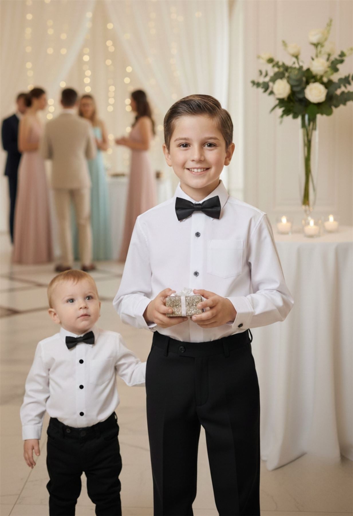 Boys White Long Sleeve Button-Down Tuxedo Shirt with Bow Tie