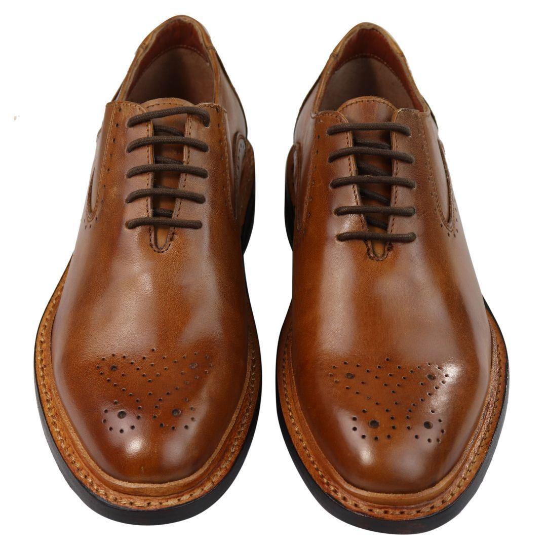 Mens Brogue Oxford Shoes Tan Brown Black Laced Leather Goodyear Welted - Knighthood Store