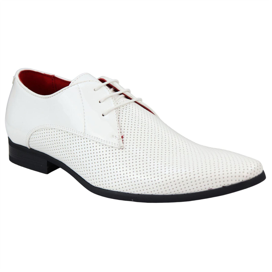 Mens Shoes Smart Formal Perforated Pointed Laced Black Red White Patent Leather PU - Knighthood Store