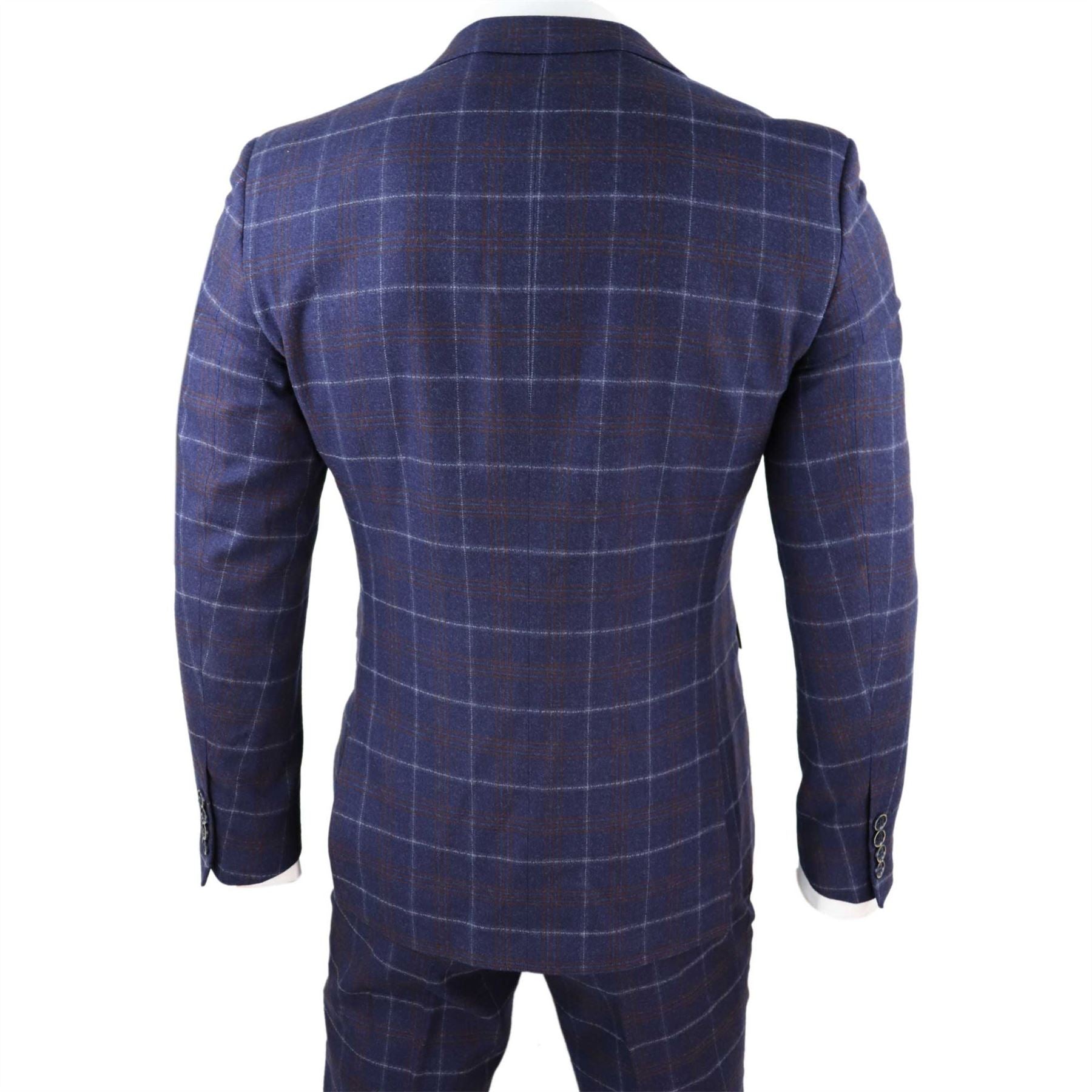Mens 3 Piece Blue Suit Herringbone Tweed Check Tailored Fit 1920s Wedding Prom