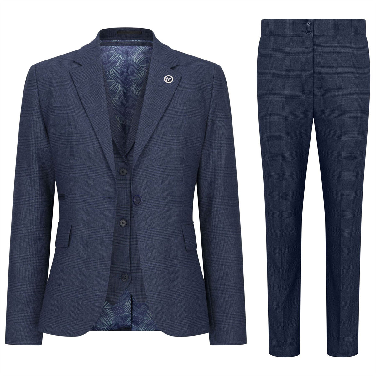 Women's Suit 3 Piece Navy Blue Prince Of Wales Check Tailored Fit Business Formal Ladies Dress - UK 8