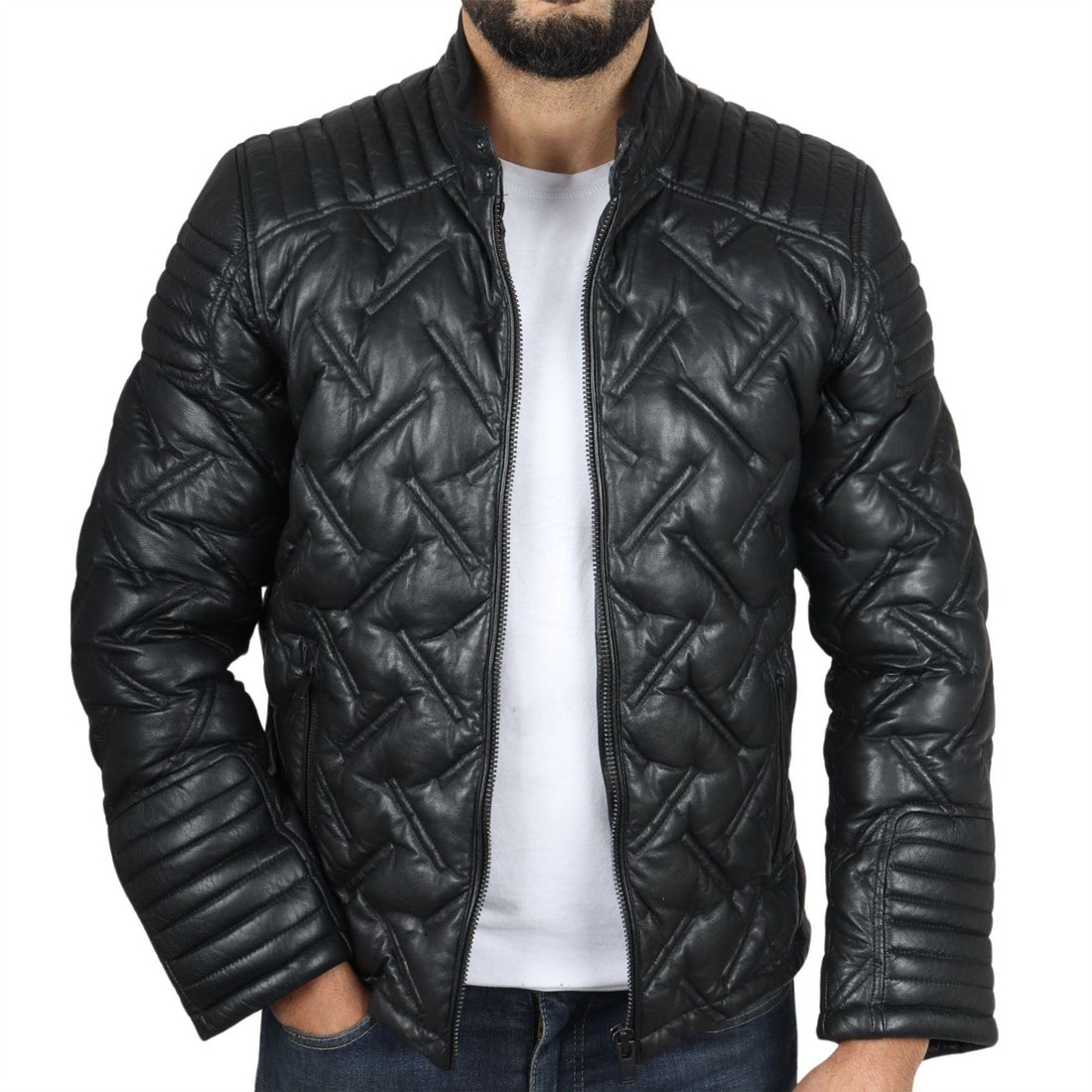 Men's Quilted Puffer Padded Biker Motorcycle Style Real Leather Jacket - Knighthood Store