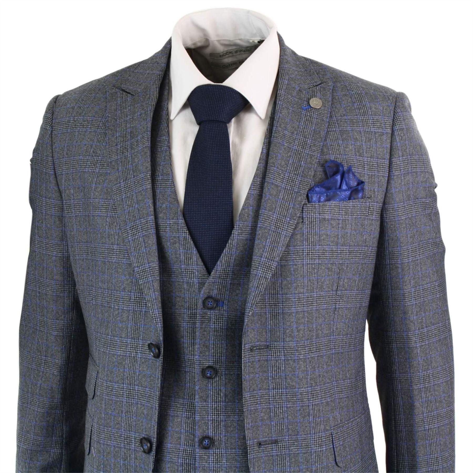 Mens 3 Piece Tailored Fit Prince Of Wales Check Grey Blue Tweed Suit Vintage Retro - Knighthood Store