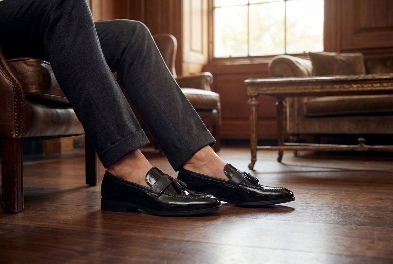 Men's Tassel Loafers High-Gloss Slip-On Moc Toe Formal Dress Shoes