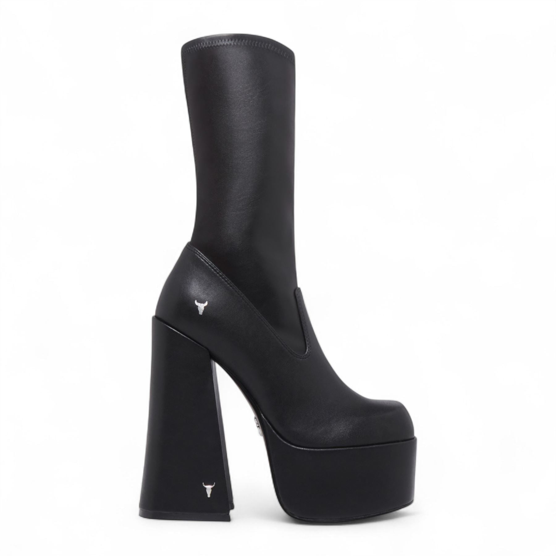 Saviour - Women's Black Mid-Calf Platform Goth Heel Boots