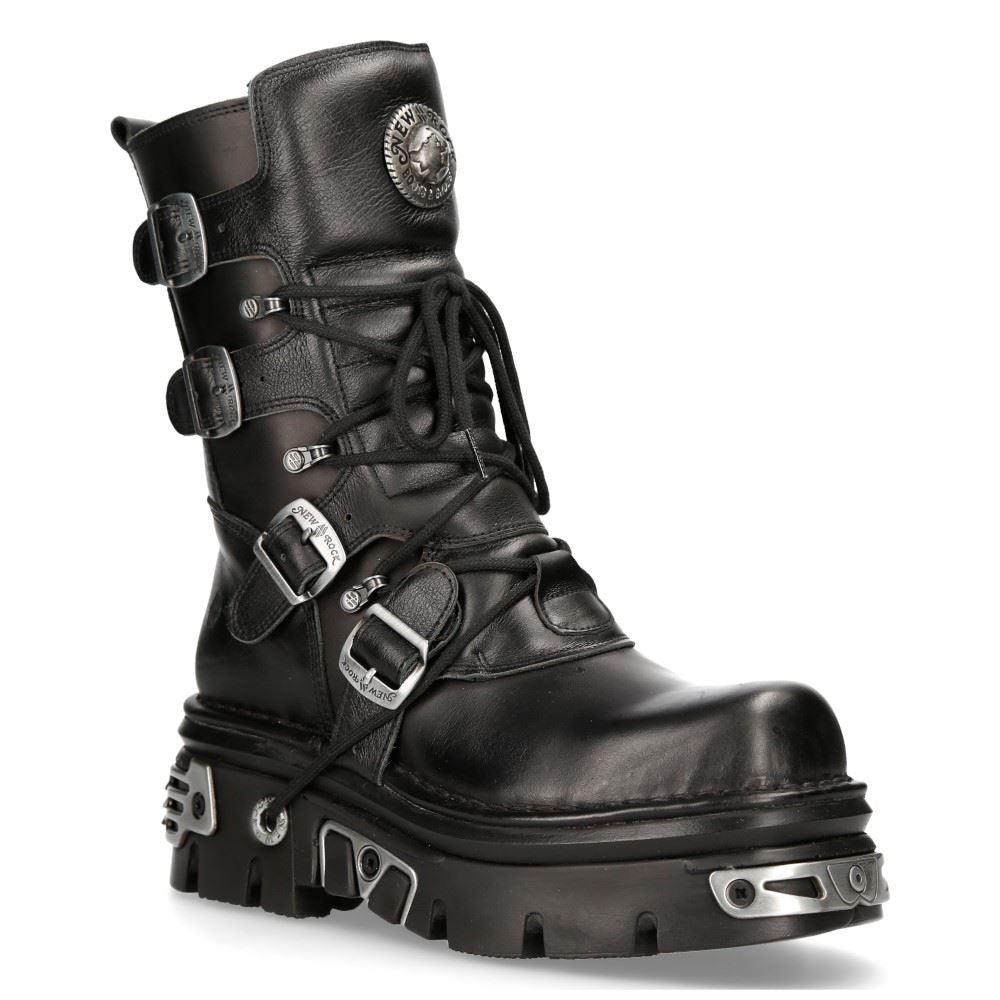 New Rock New Rock 373 S4 Metallic High Boots Black Leather Goth Biker Emo - Knighthood Store