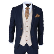 Men's Suit Navy Cream 3 Piece Classic Birdseye Wedding Grooms
