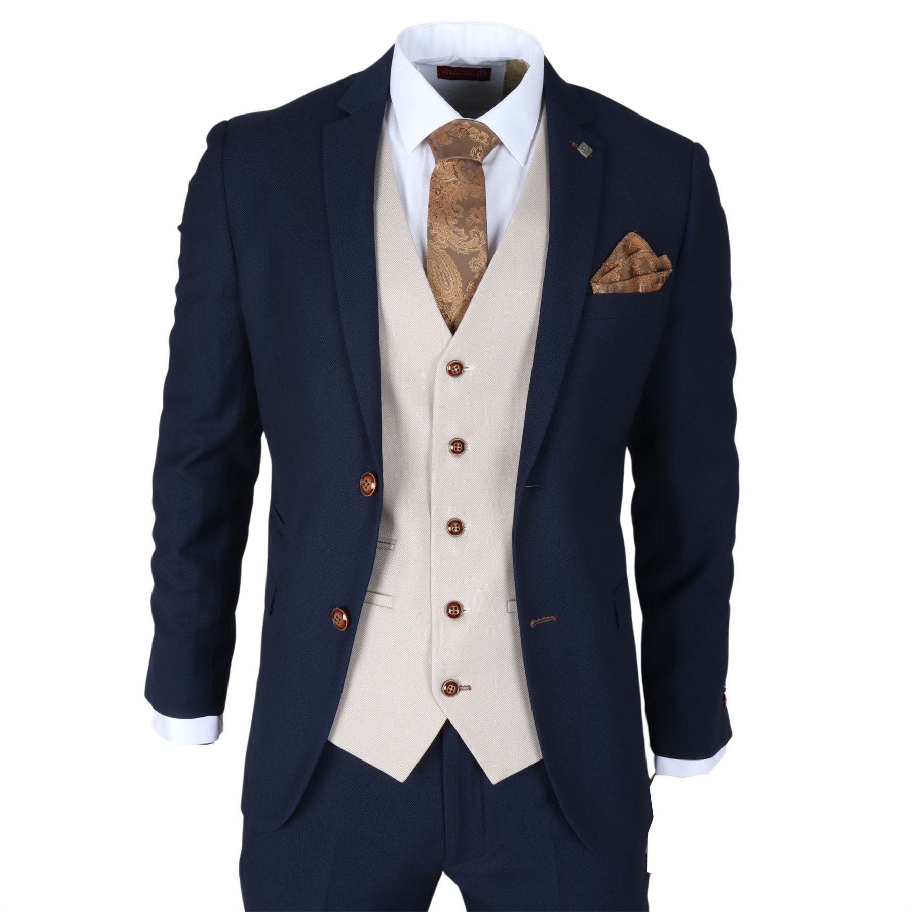 Men's Suit Navy Cream 3 Piece Classic Birdseye Wedding Grooms