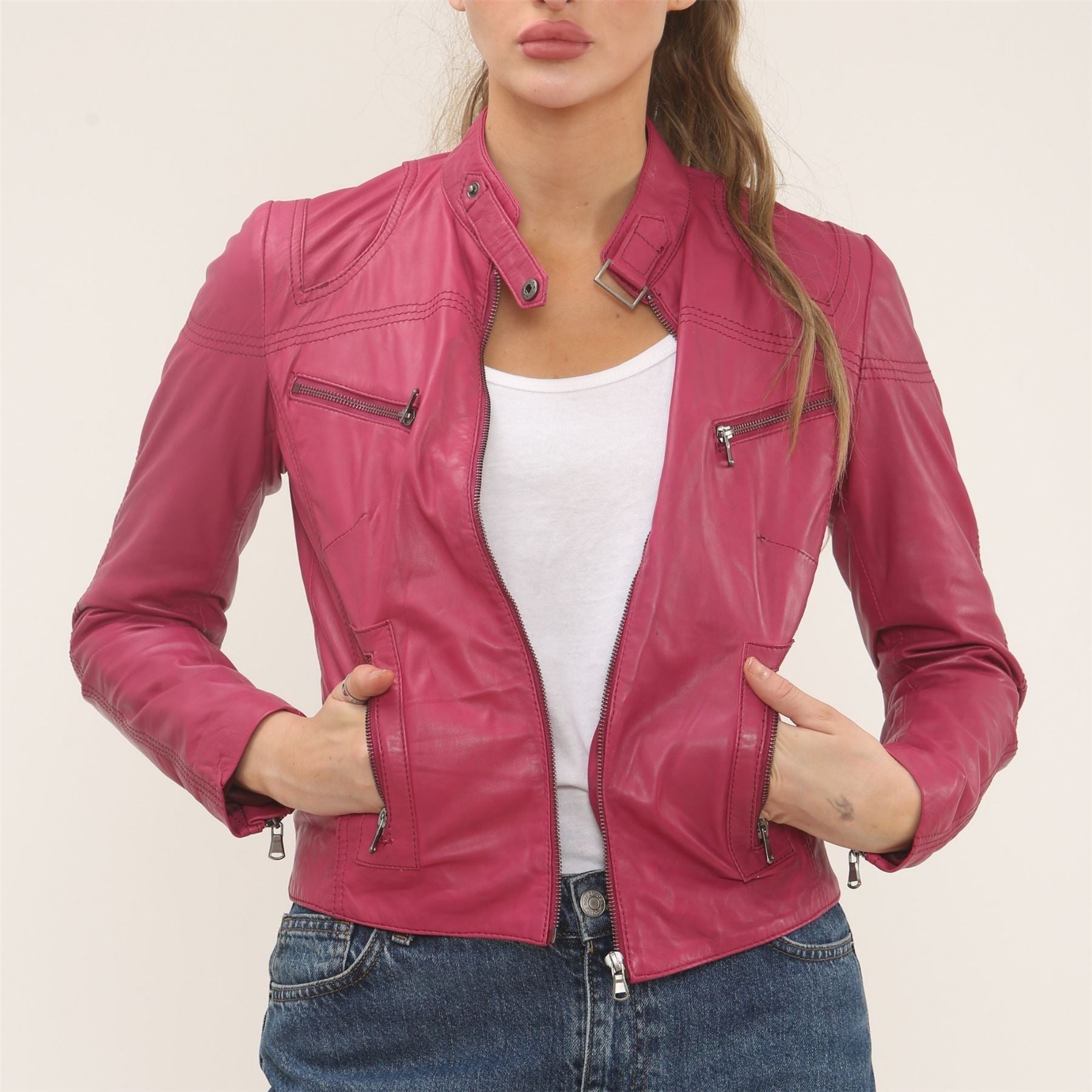 Women's Real Leather Classic Racer Style Biker Jacket