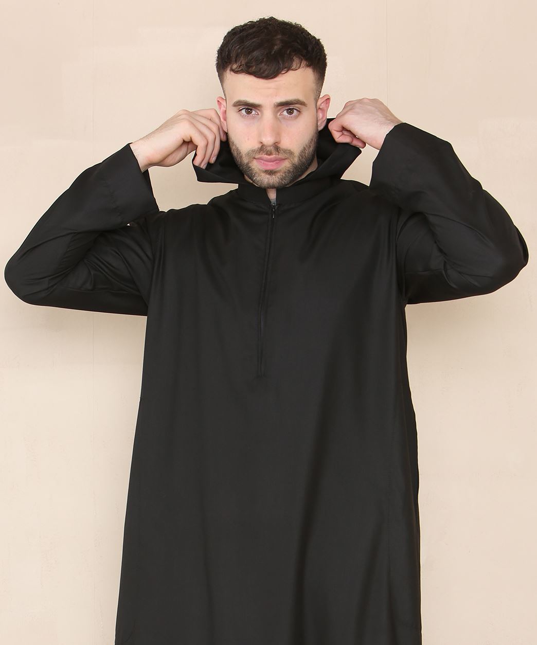 Mens Hooded Thobe Hood Jubba Nehru Stand Collar Islamic Clothing Muslim Kaftan Robe Saudi Slim Regular Fit