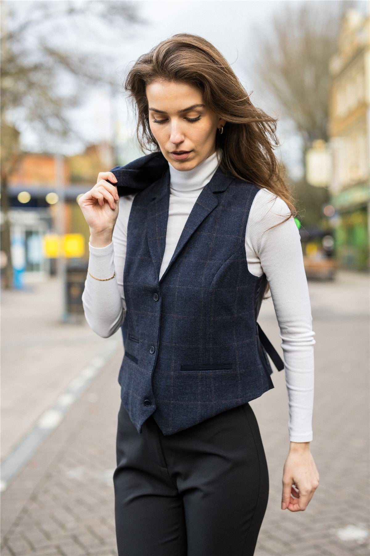 Women's Navy Blue Wool Blend Tweed Checkered Blazer Waistcoat