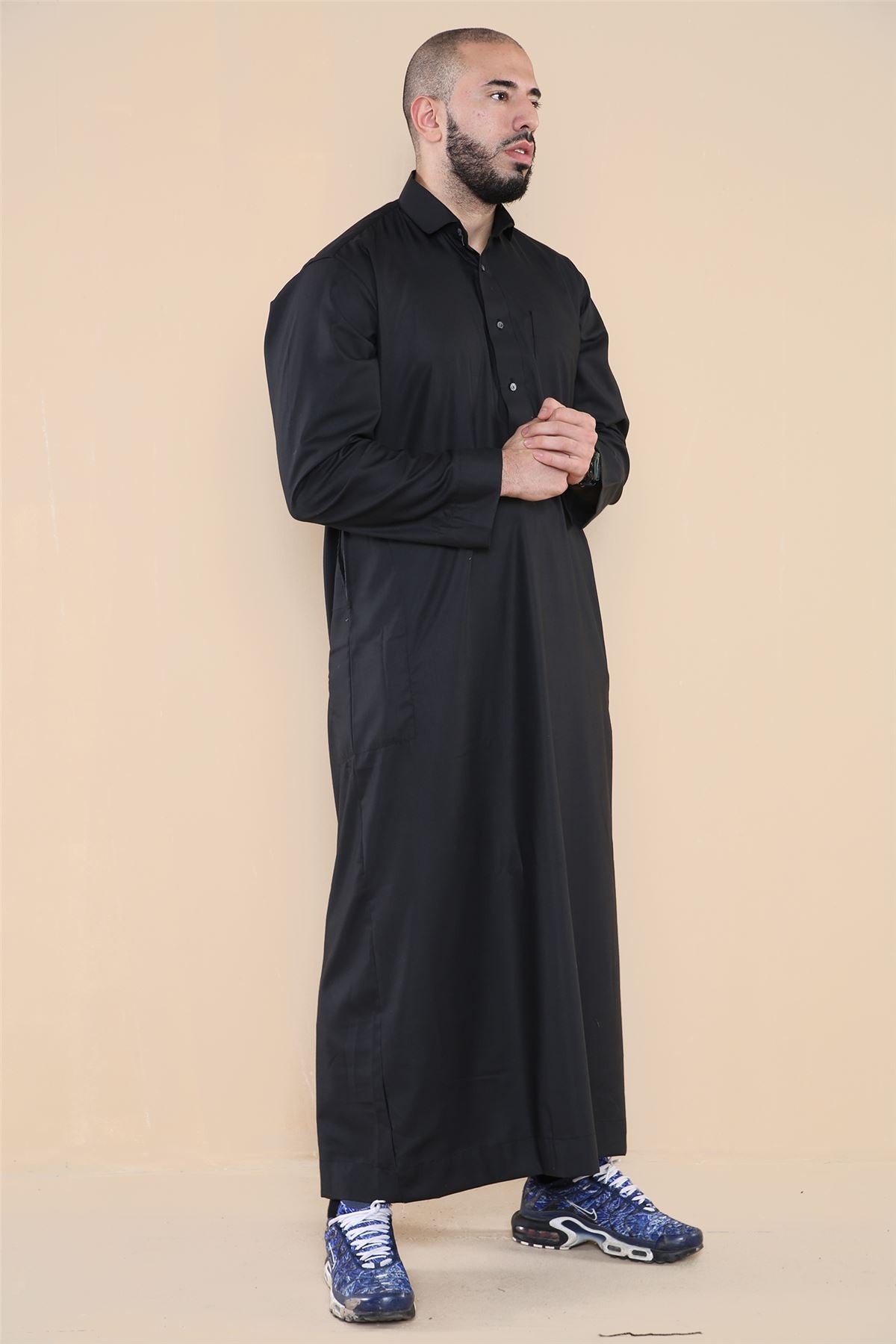 Mens Thobe Jubba Turn Down Collar Islamic Muslim Cotton Kaftan Dress Robe Arabic