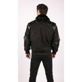 Men's Black Leather Shoulder Patches Bomber Jacket with Removable Sleeves - Knighthood Store