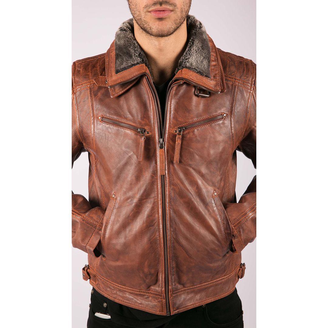 Mens Washed Rust Tan Brown Removable Fur Collar Leather Jacket Slim Fit Zipped - Knighthood Store