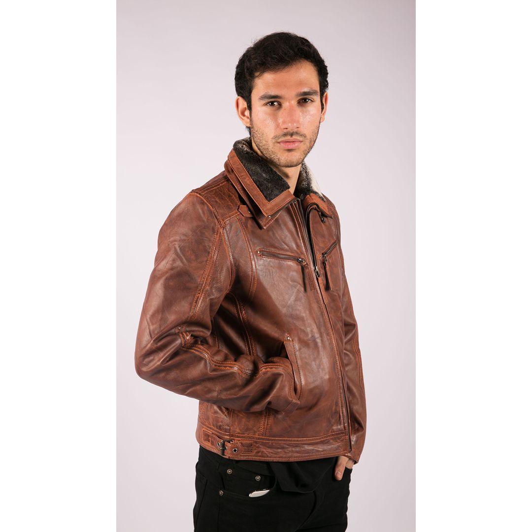 Mens Washed Rust Tan Brown Removable Fur Collar Leather Jacket Slim Fit Zipped - Knighthood Store