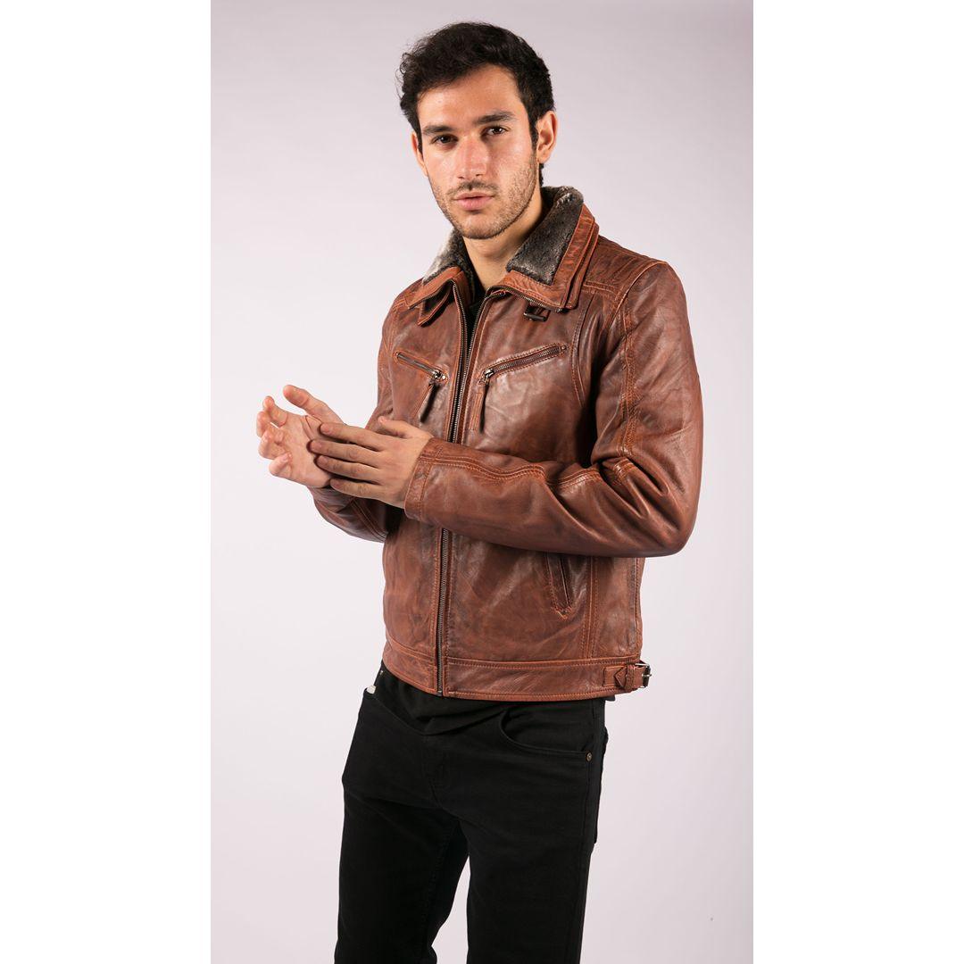 Mens Washed Rust Tan Brown Removable Fur Collar Leather Jacket Slim Fit Zipped - Knighthood Store