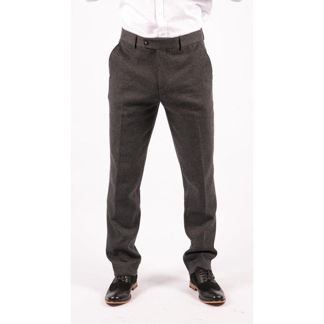 Mens Grey Charcoal Tweed Trousers Herringbone Wool Vintage Retro Blinders - Knighthood Store