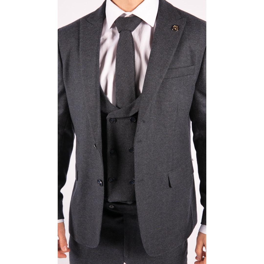 Mens 3 Piece Tweed Suit Blue Herringbone Double Waistcoat Classic Vintage Shelby 1920s - Knighthood Store