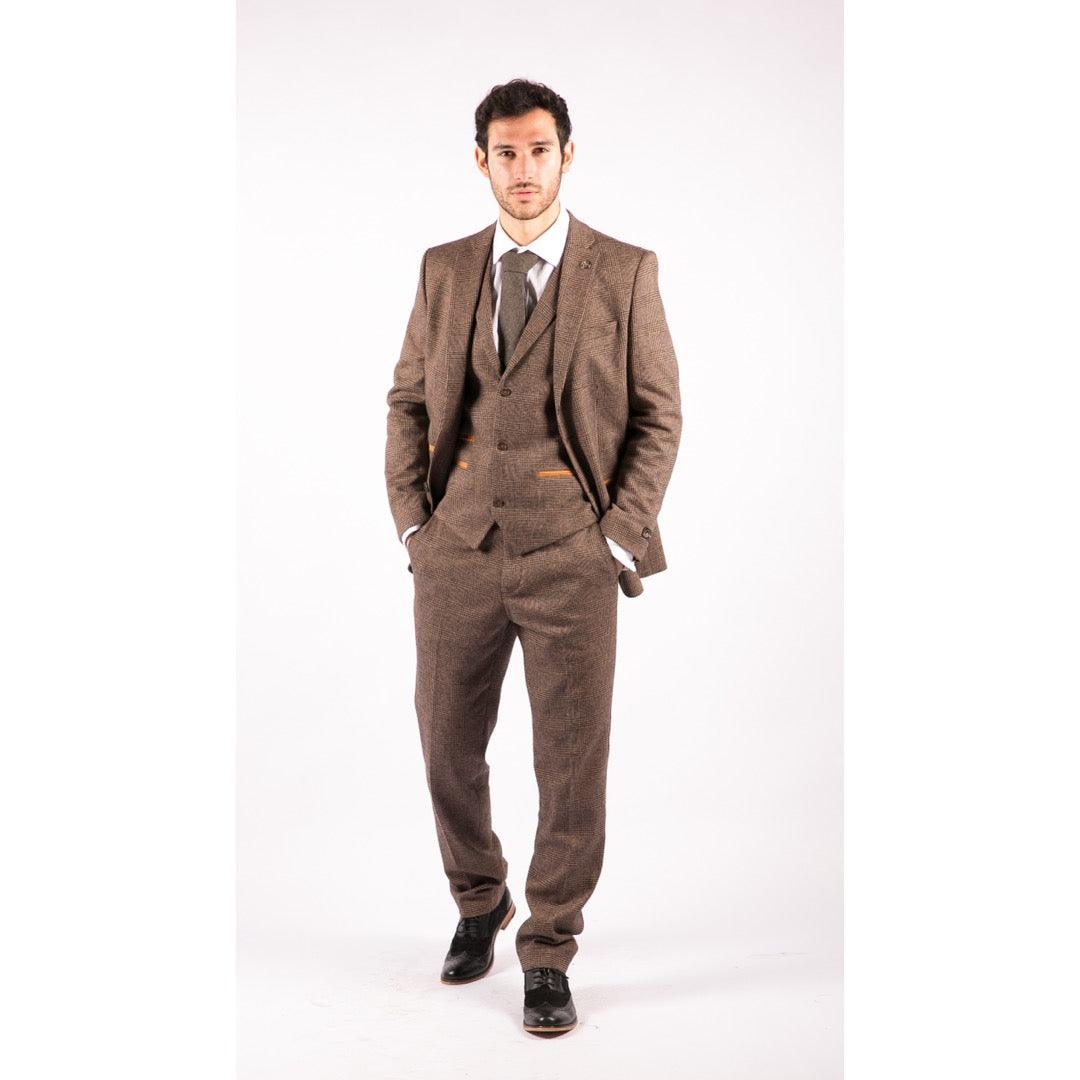 Mens Wool 3 Piece Check Suit Tweed Brown Tailored Fit Blinders Gatsby 1920s - Knighthood Store