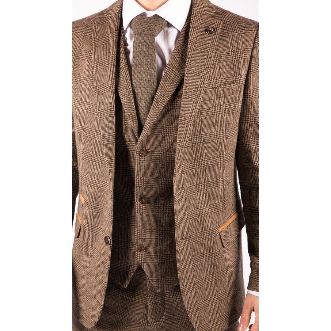 Mens Wool 3 Piece Check Suit Tweed Brown Tailored Fit Blinders Gatsby 1920s - Knighthood Store