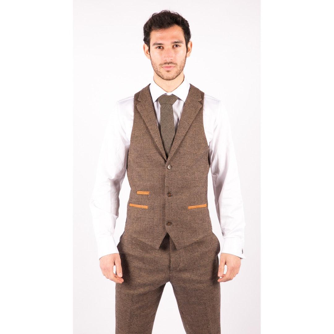 Mens Wool 3 Piece Check Suit Tweed Brown Tailored Fit Blinders Gatsby 1920s - Knighthood Store