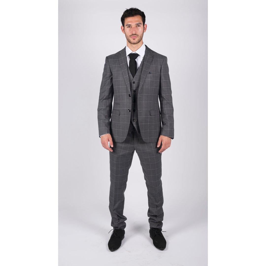 Mens Grey Check 3 Piece Suit Vintage Retro Smart Wedding Classic Tailored Fit Light - Knighthood Store