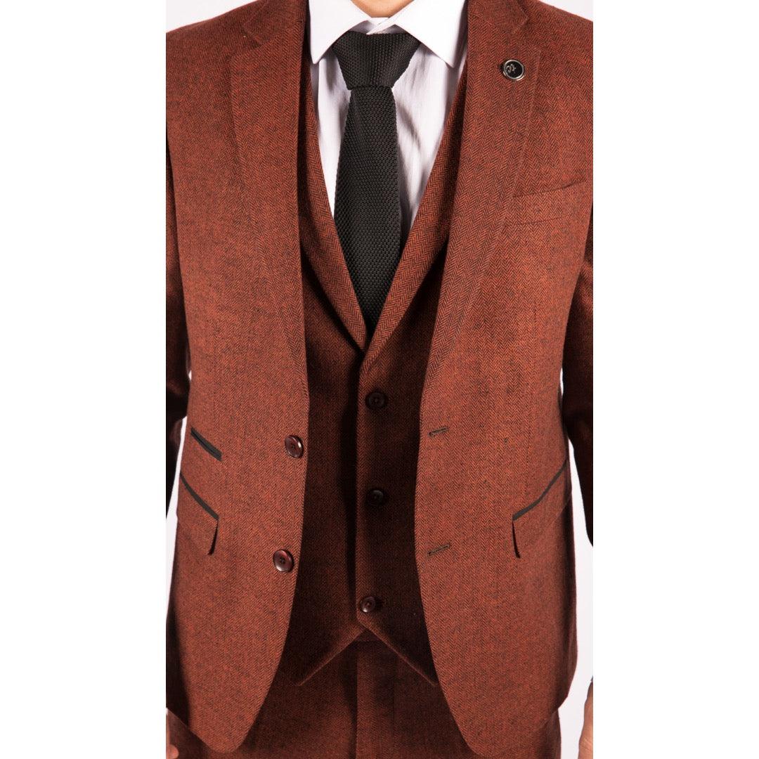 Mens Camel 3 Piece Tweed Suit Herringbone Wool Vintage Retro Fit - Knighthood Store