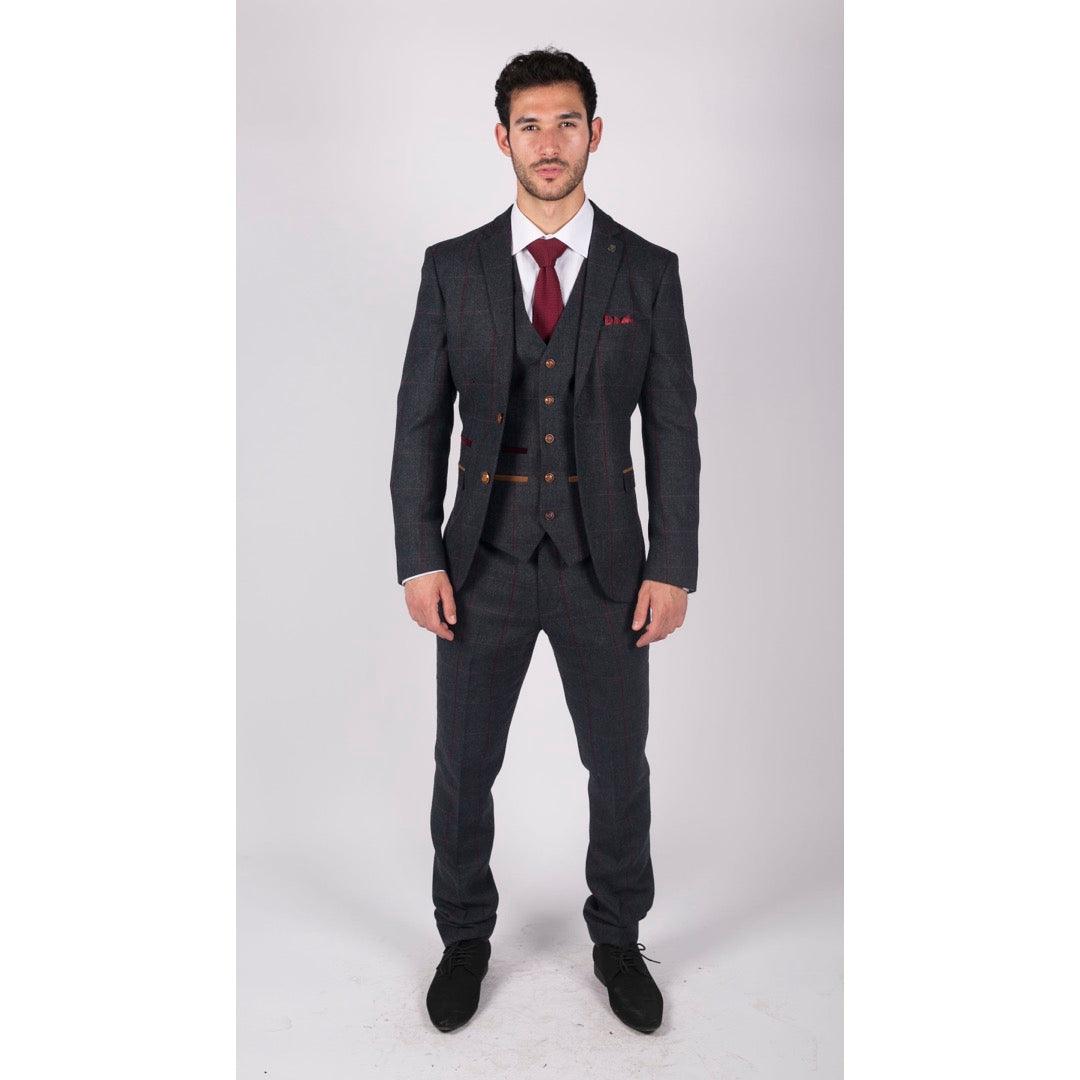 Mens Herringbone Tweed 3 Piece Navy Red Check Suit Vintage 1920s Tailored Fit - Knighthood Store