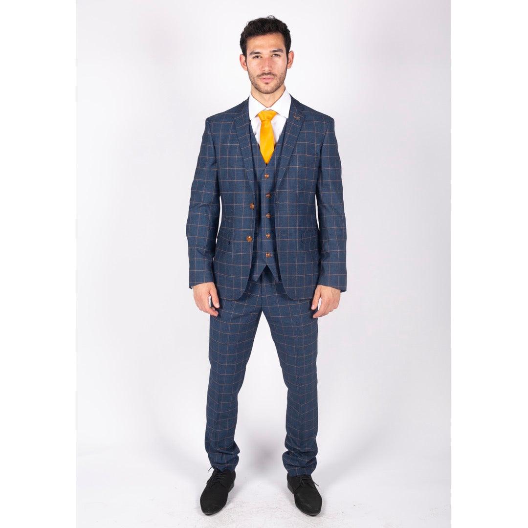 Mens 3 Piece Blue Orange Check Suit Retro Smart Tailored Fit Vintage - Knighthood Store