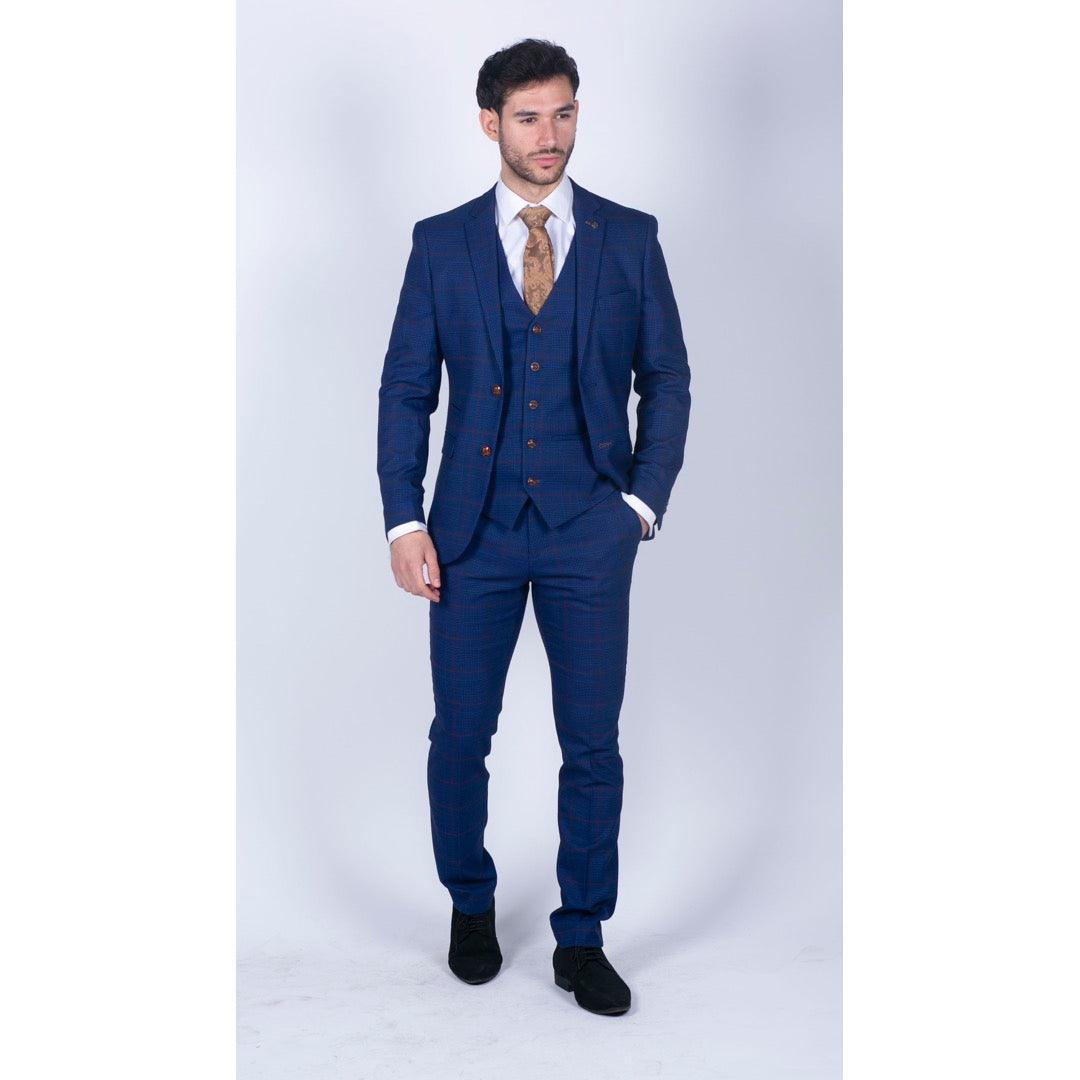 Mens Blue Brown Check 3 Piece Suit Tailored Fit Wedding Prom Races Prince Of Wales - Knighthood Store