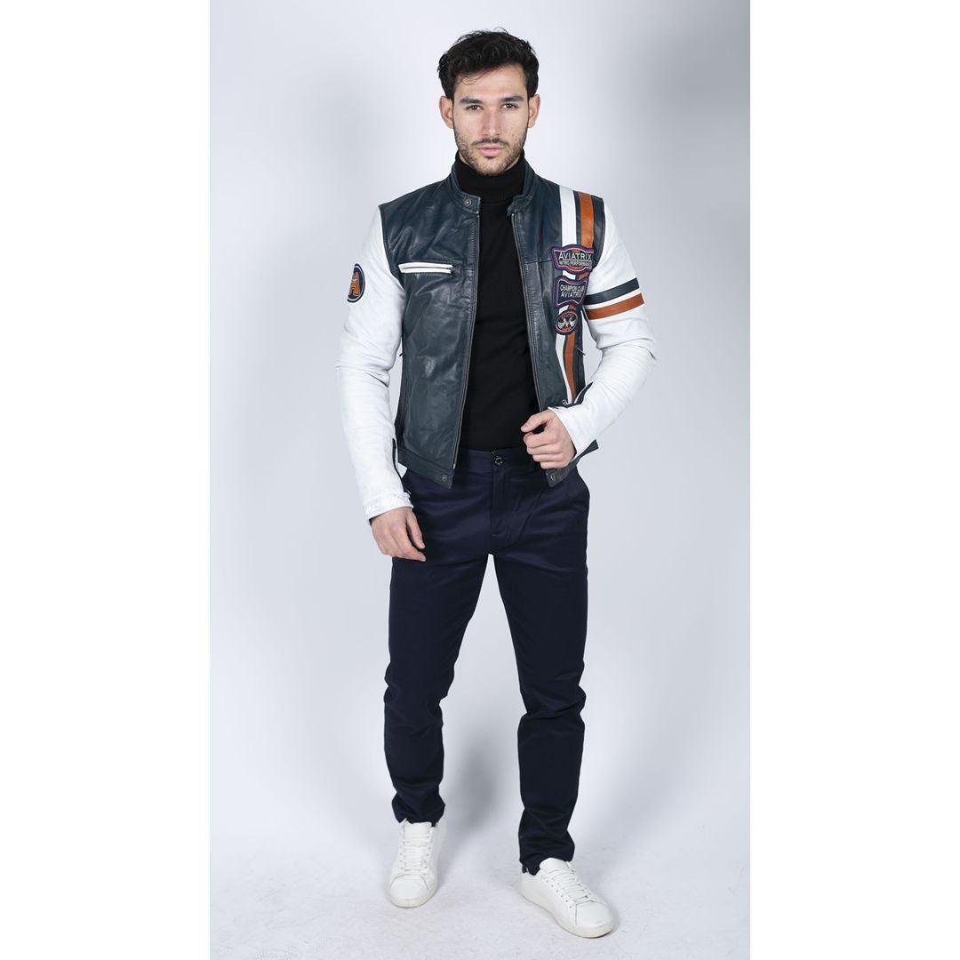 Mens Retro Vintage Navy Blue White Real Leather Biker Jacket Badge Design Casual - Knighthood Store