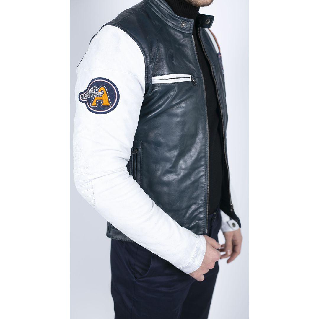 Mens Retro Vintage Navy Blue White Real Leather Biker Jacket Badge Design Casual - Knighthood Store