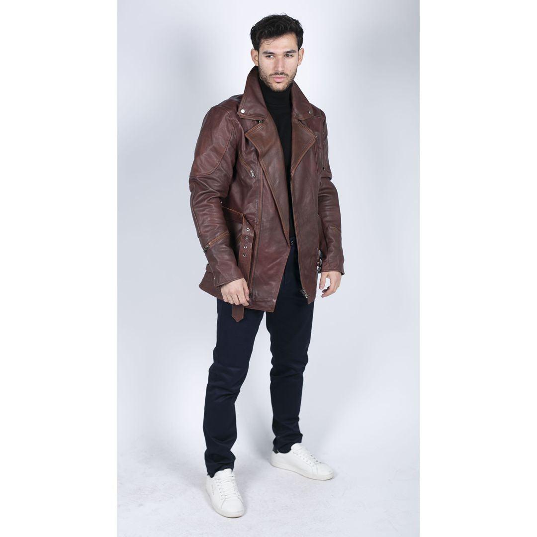 Mens Cross Zip Belted Black 3/4 Motorcycle Biker Long Leather Jacket CE Armour - Knighthood Store