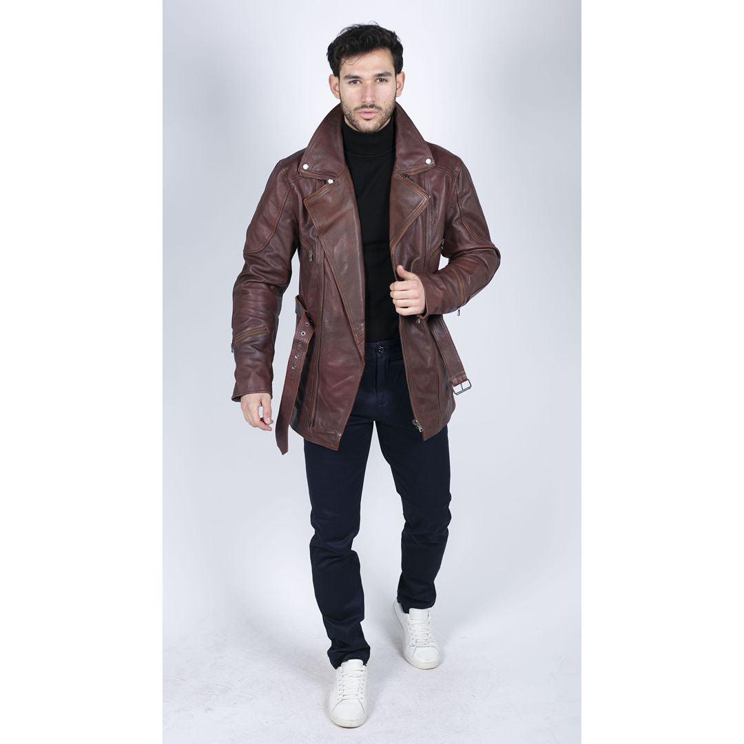 Mens Cross Zip Belted Black 3/4 Motorcycle Biker Long Leather Jacket CE Armour - Knighthood Store