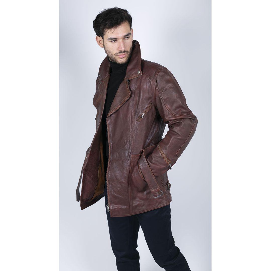 Mens Cross Zip Belted Black 3/4 Motorcycle Biker Long Leather Jacket CE Armour - Knighthood Store