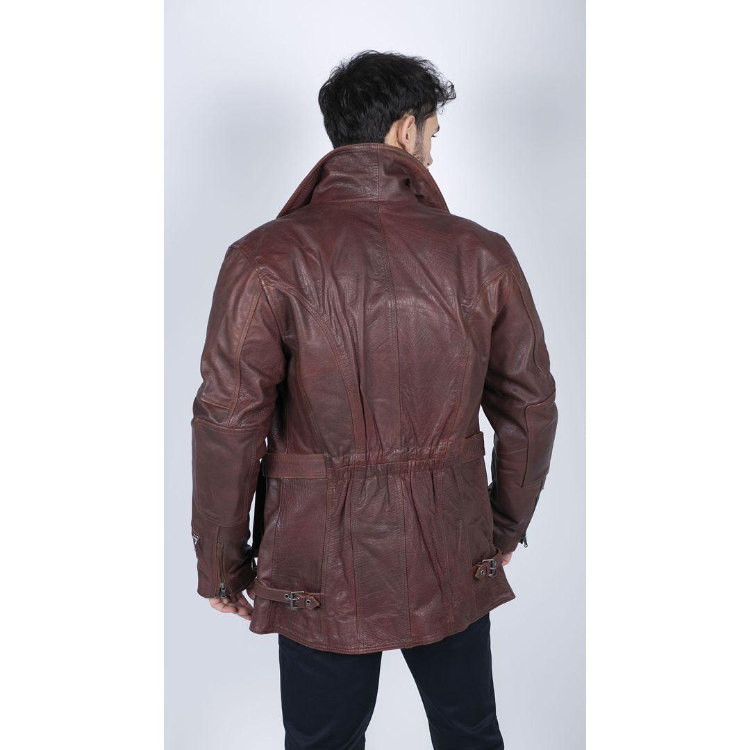 Mens Cross Zip Belted Black 3/4 Motorcycle Biker Long Leather Jacket CE Armour - Knighthood Store