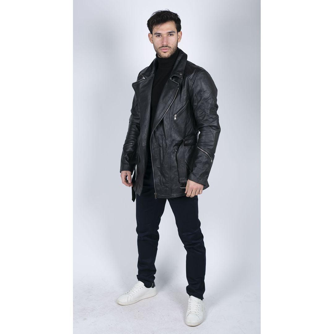 Mens Cross Zip Belted Black 3/4 Motorcycle Biker Long Leather Jacket CE Armour - Knighthood Store
