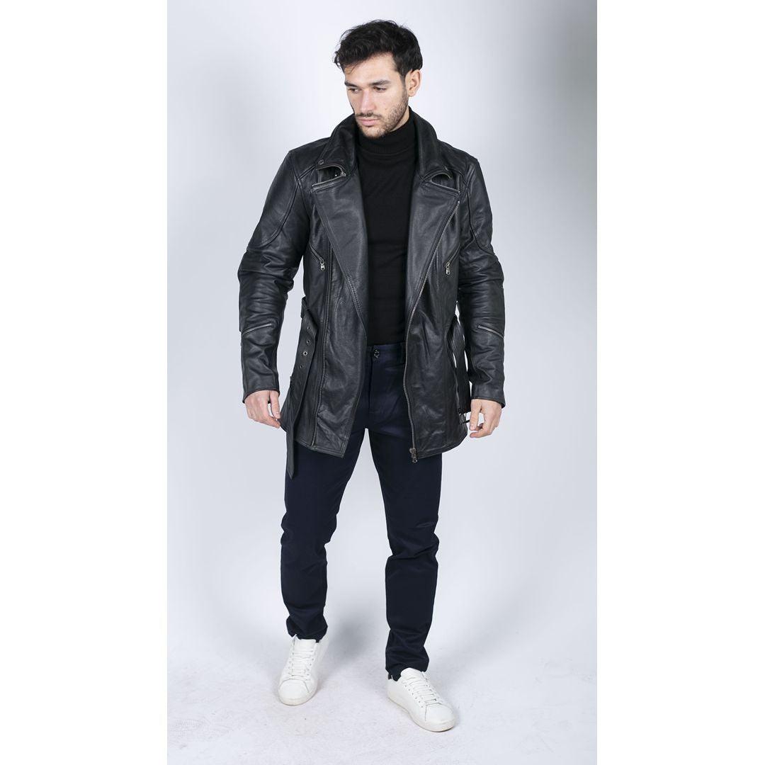 Mens Cross Zip Belted Black 3/4 Motorcycle Biker Long Leather Jacket CE Armour - Knighthood Store