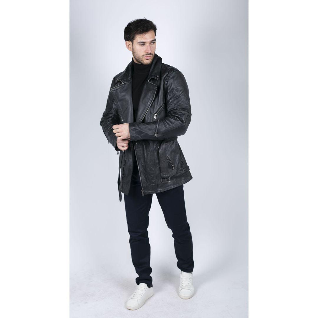 Mens Cross Zip Belted Black 3/4 Motorcycle Biker Long Leather Jacket CE Armour - Knighthood Store