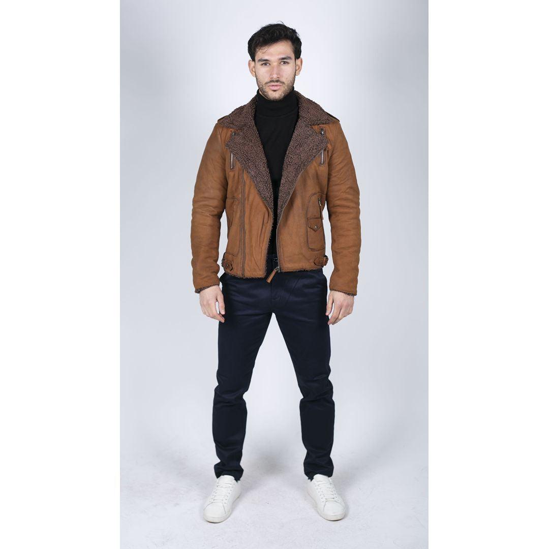 Mens Black Brown Cross Zip Real Leather Biker Jacket Fleece Lined Fitted Smart Casual - Knighthood Store