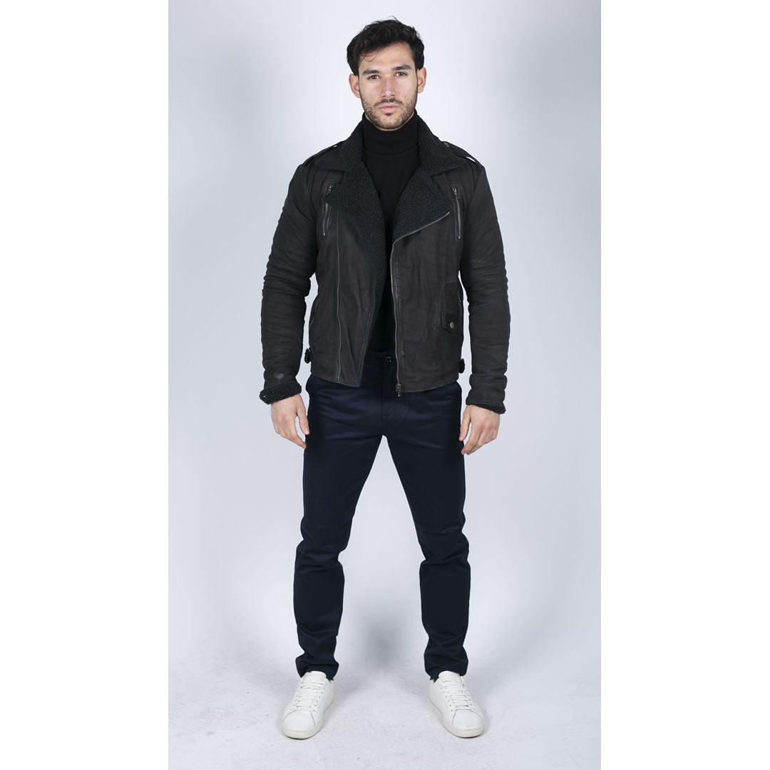 Mens Black Brown Cross Zip Real Leather Biker Jacket Fleece Lined Fitted Smart Casual - Knighthood Store
